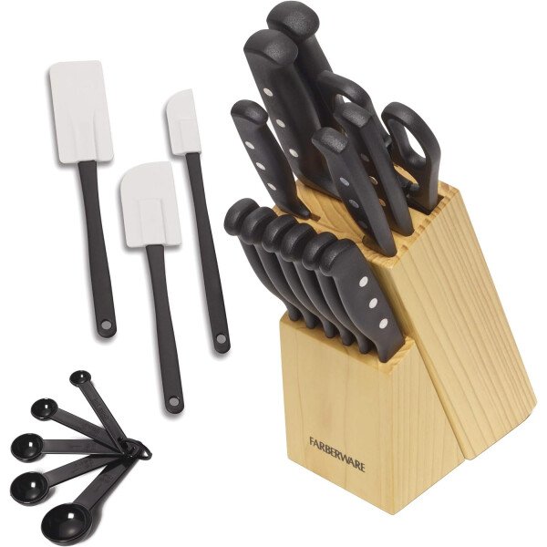 Farberware Juego de 22 piezas de bloques de cuchillos y herramientas de cocina de acero inoxidable de alto carbono, color negro, duradero ANDPrecision