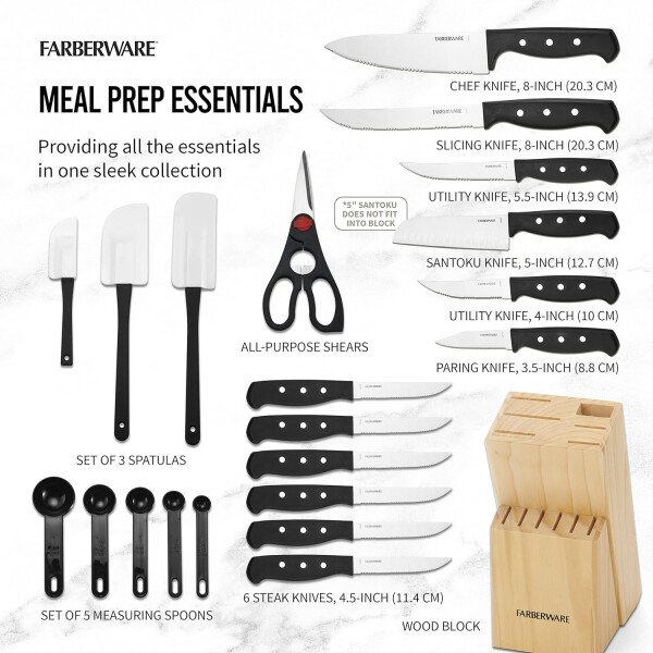 Farberware Juego de 22 piezas de bloques de cuchillos y herramientas de cocina de acero inoxidable de alto carbono, color negro, duradero ANDPrecision - Image 2
