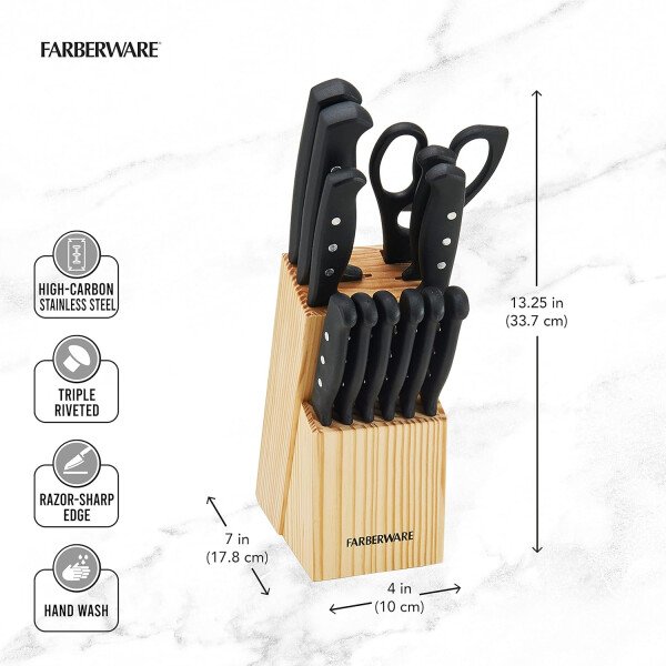 Farberware Juego de 22 piezas de bloques de cuchillos y herramientas de cocina de acero inoxidable de alto carbono, color negro, duradero ANDPrecision - Image 4