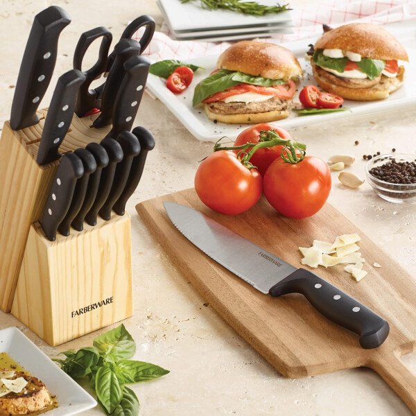 Farberware Juego de 22 piezas de bloques de cuchillos y herramientas de cocina de acero inoxidable de alto carbono, color negro, duradero ANDPrecision - Image 7