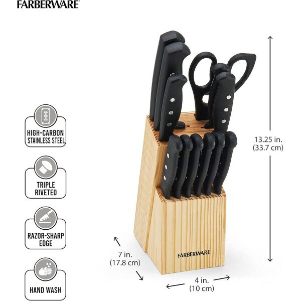 Farberware Juego de 22 piezas de bloques de cuchillos y herramientas de cocina de acero inoxidable de alto carbono, color negro, duradero ANDPrecision - Image 17