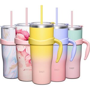THILY Vaso aislado de 40 onzas con asa, taza de viaje para café de acero inoxidable con tapa y popotes, mantiene las bebidas frías durante 34 horas o calientes durante 12 horas, sin BPA, puesta de sol