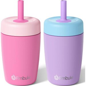 Fimibuke Vasos para niños y niños pequeños, a prueba de derrames, 12 onzas, con aislamiento, para niños y niñas, sin BPA, botella de agua para niños pequeños con tapas giratorias y popote de silicona