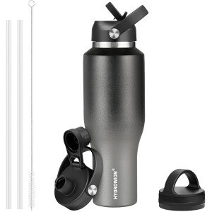 HYDROWION Botella de agua aislada (fría 48 horas, calor 24 horas) Vaso de agua de acero inoxidable de 40 onzas con tapa de popote a prueba de fugas, tapa de boquilla y tapa flexible, vaso de viaje de
