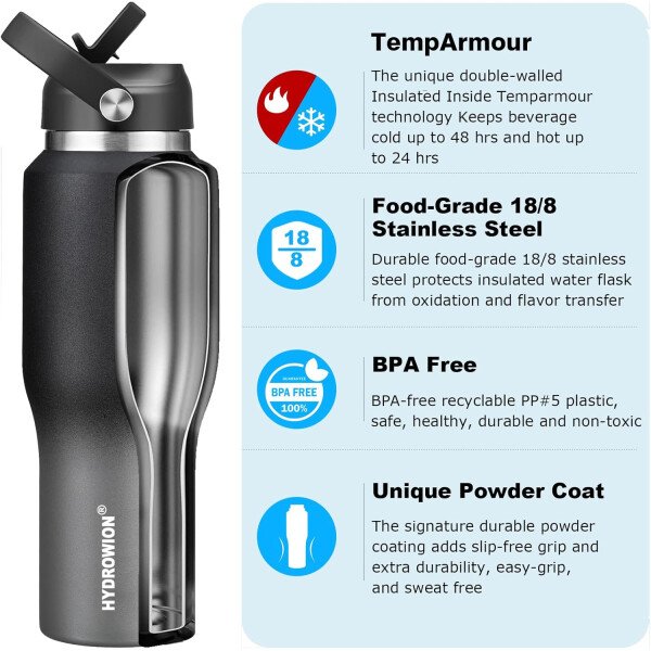 HYDROWION Botella de agua aislada (fría 48 horas, calor 24 horas) Vaso de agua de acero inoxidable de 40 onzas con tapa de popote a prueba de fugas, tapa de boquilla y tapa flexible, vaso de viaje de - Imagen 3