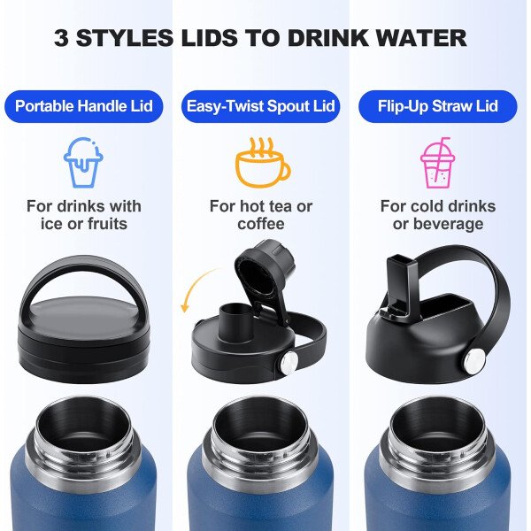 HYDROWION Botella de agua aislada (fría 48 horas, calor 24 horas) Vaso de agua de acero inoxidable de 40 onzas con tapa de popote a prueba de fugas, tapa de boquilla y tapa flexible, vaso de viaje de - Imagen 18
