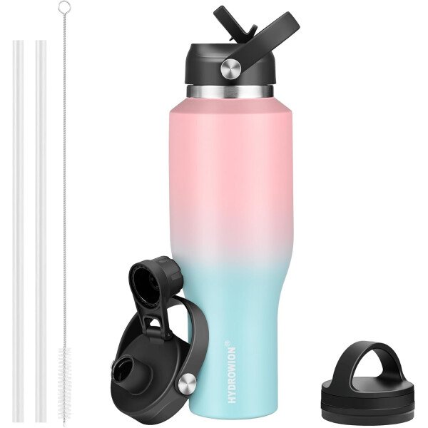 HYDROWION Botella de agua aislada (fría 48 horas, calor 24 horas) Vaso de agua de acero inoxidable de 40 onzas con tapa de popote a prueba de fugas, tapa de boquilla y tapa flexible, vaso de viaje de - Imagen 20