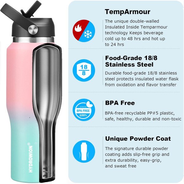 HYDROWION Botella de agua aislada (fría 48 horas, calor 24 horas) Vaso de agua de acero inoxidable de 40 onzas con tapa de popote a prueba de fugas, tapa de boquilla y tapa flexible, vaso de viaje de - Imagen 21