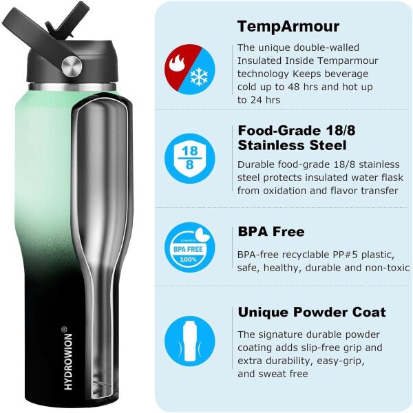 HYDROWION Botella de agua aislada (fría 48 horas, calor 24 horas) Vaso de agua de acero inoxidable de 40 onzas con tapa de popote a prueba de fugas, tapa de boquilla y tapa flexible, vaso de viaje de - Imagen 25