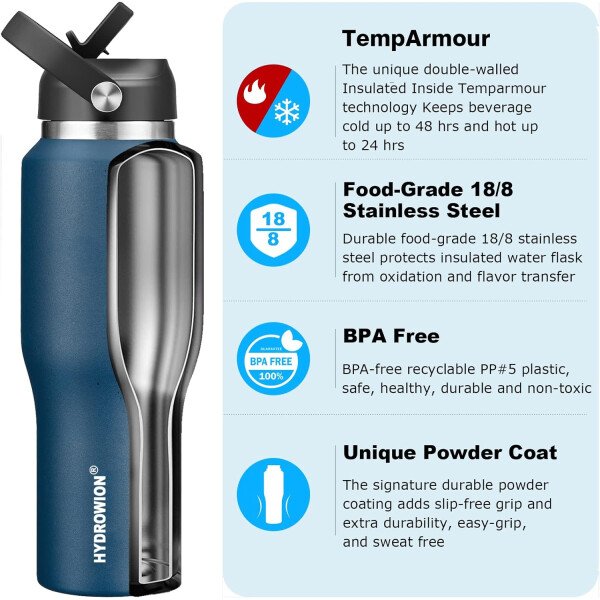 HYDROWION Botella de agua aislada (fría 48 horas, calor 24 horas) Vaso de agua de acero inoxidable de 40 onzas con tapa de popote a prueba de fugas, tapa de boquilla y tapa flexible, vaso de viaje de - Imagen 29