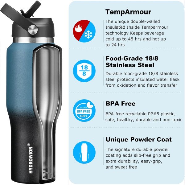 HYDROWION Botella de agua aislada (fría 48 horas, calor 24 horas) Vaso de agua de acero inoxidable de 40 onzas con tapa de popote a prueba de fugas, tapa de boquilla y tapa flexible, vaso de viaje de - Imagen 33
