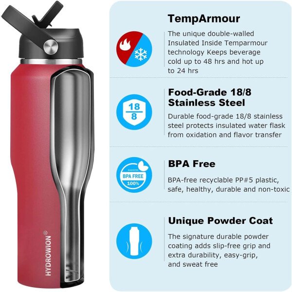 HYDROWION Botella de agua aislada (fría 48 horas, calor 24 horas) Vaso de agua de acero inoxidable de 40 onzas con tapa de popote a prueba de fugas, tapa de boquilla y tapa flexible, vaso de viaje de - Imagen 38