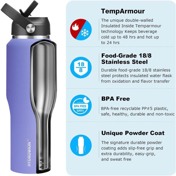 HYDROWION Botella de agua aislada (fría 48 horas, calor 24 horas) Vaso de agua de acero inoxidable de 40 onzas con tapa de popote a prueba de fugas, tapa de boquilla y tapa flexible, vaso de viaje de - Imagen 43