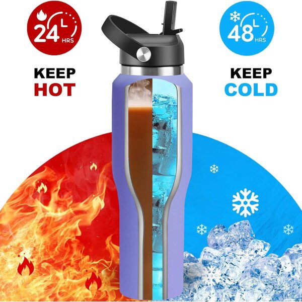 HYDROWION Botella de agua aislada (fría 48 horas, calor 24 horas) Vaso de agua de acero inoxidable de 40 onzas con tapa de popote a prueba de fugas, tapa de boquilla y tapa flexible, vaso de viaje de - Imagen 44