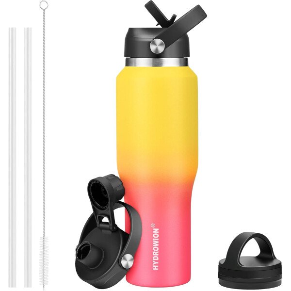 HYDROWION Botella de agua aislada (fría 48 horas, calor 24 horas) Vaso de agua de acero inoxidable de 40 onzas con tapa de popote a prueba de fugas, tapa de boquilla y tapa flexible, vaso de viaje de - Imagen 48