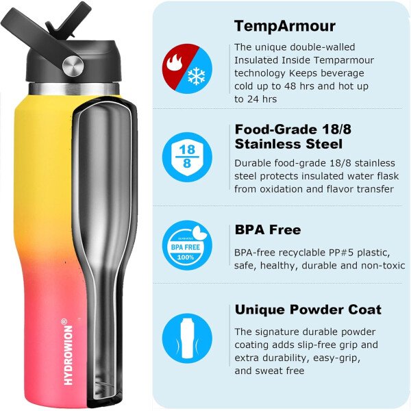 HYDROWION Botella de agua aislada (fría 48 horas, calor 24 horas) Vaso de agua de acero inoxidable de 40 onzas con tapa de popote a prueba de fugas, tapa de boquilla y tapa flexible, vaso de viaje de - Imagen 49