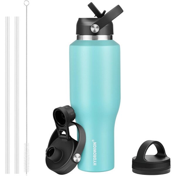 HYDROWION Botella de agua aislada (fría 48 horas, calor 24 horas) Vaso de agua de acero inoxidable de 40 onzas con tapa de popote a prueba de fugas, tapa de boquilla y tapa flexible, vaso de viaje de - Imagen 64