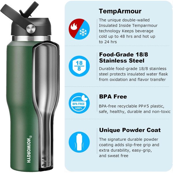 HYDROWION Botella de agua aislada (fría 48 horas, calor 24 horas) Vaso de agua de acero inoxidable de 40 onzas con tapa de popote a prueba de fugas, tapa de boquilla y tapa flexible, vaso de viaje de - Imagen 66