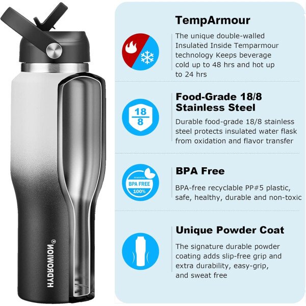 HYDROWION Botella de agua aislada (fría 48 horas, calor 24 horas) Vaso de agua de acero inoxidable de 40 onzas con tapa de popote a prueba de fugas, tapa de boquilla y tapa flexible, vaso de viaje de - Imagen 77