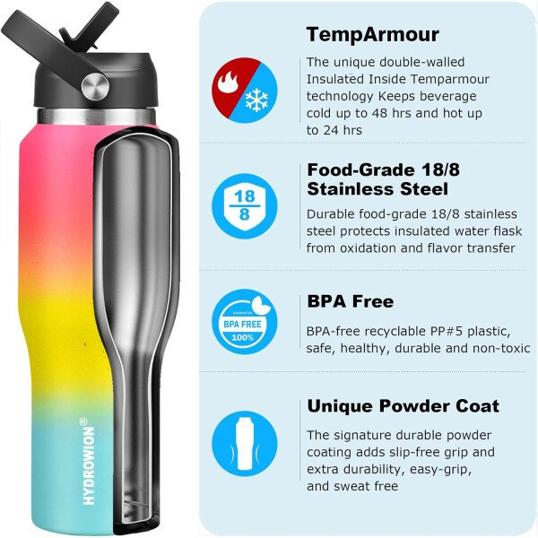 HYDROWION Botella de agua aislada (fría 48 horas, calor 24 horas) Vaso de agua de acero inoxidable de 40 onzas con tapa de popote a prueba de fugas, tapa de boquilla y tapa flexible, vaso de viaje de - Imagen 79