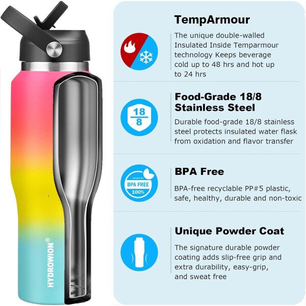 HYDROWION Botella de agua aislada (fría 48 horas, calor 24 horas) Vaso de agua de acero inoxidable de 40 onzas con tapa de popote a prueba de fugas, tapa de boquilla y tapa flexible, vaso de viaje de - Imagen 85