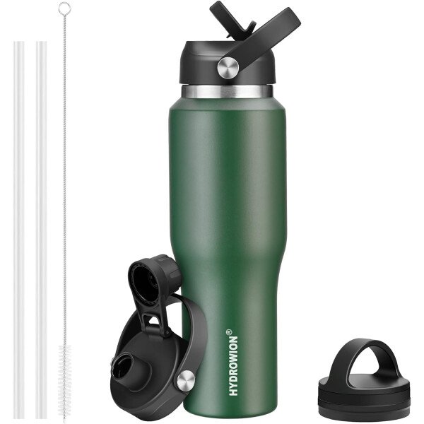 HYDROWION Botella de agua aislada (fría 48 horas, calor 24 horas) Vaso de agua de acero inoxidable de 40 onzas con tapa de popote a prueba de fugas, tapa de boquilla y tapa flexible, vaso de viaje de - Imagen 89