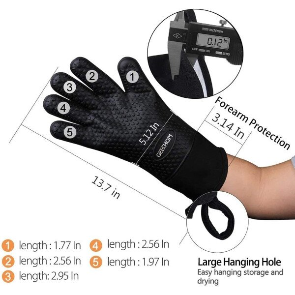 Guantes de asado de GEEKHOM, resistentes al calor, guantes de silicona para horno, largos impermeables, antideslizantes, para barbacoa, cocinar, hornear, color negro, Negro - Imagen 4