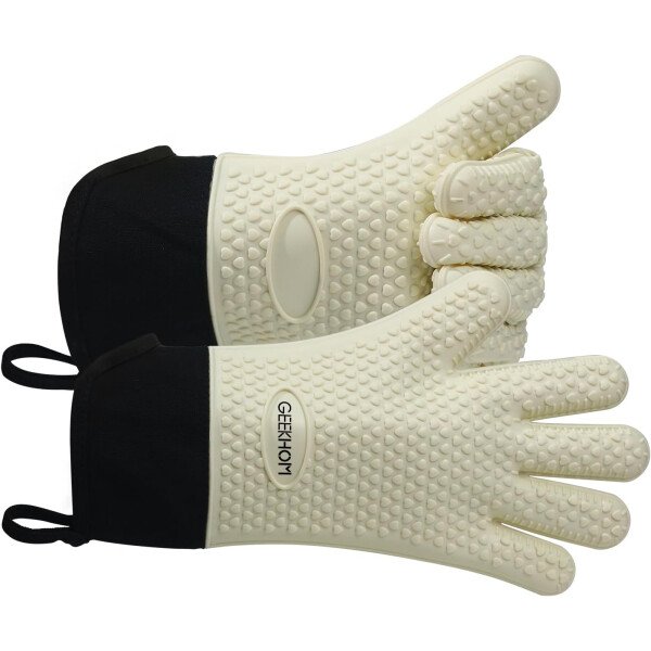Guantes de asado de GEEKHOM, resistentes al calor, guantes de silicona para horno, largos impermeables, antideslizantes, para barbacoa, cocinar, hornear, color negro, Negro - Imagen 5