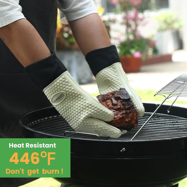 Guantes de asado de GEEKHOM, resistentes al calor, guantes de silicona para horno, largos impermeables, antideslizantes, para barbacoa, cocinar, hornear, color negro, Negro - Imagen 7