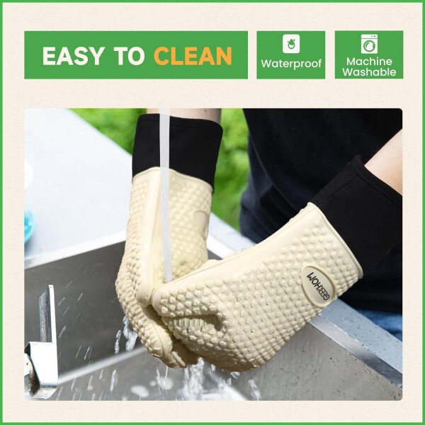 Guantes de asado de GEEKHOM, resistentes al calor, guantes de silicona para horno, largos impermeables, antideslizantes, para barbacoa, cocinar, hornear, color negro, Negro - Imagen 8