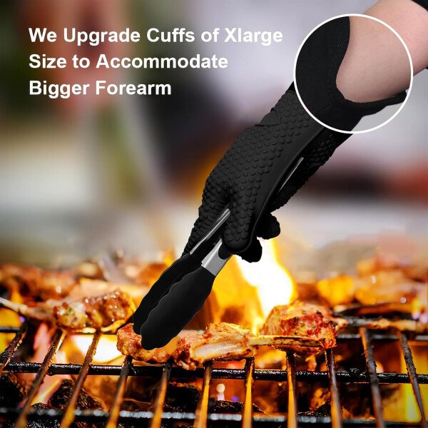 Guantes de asado de GEEKHOM, resistentes al calor, guantes de silicona para horno, largos impermeables, antideslizantes, para barbacoa, cocinar, hornear, color negro, Negro - Imagen 26