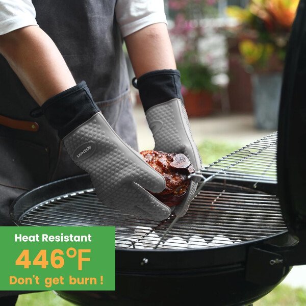 Guantes de asado de GEEKHOM, resistentes al calor, guantes de silicona para horno, largos impermeables, antideslizantes, para barbacoa, cocinar, hornear, color negro, Negro - Imagen 30