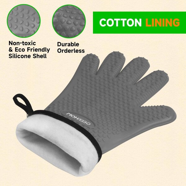 Guantes de asado de GEEKHOM, resistentes al calor, guantes de silicona para horno, largos impermeables, antideslizantes, para barbacoa, cocinar, hornear, color negro, Negro - Imagen 32