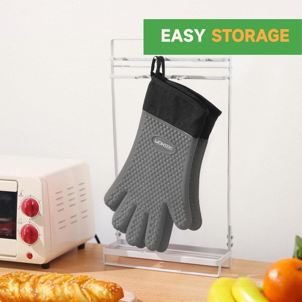 Guantes de asado de GEEKHOM, resistentes al calor, guantes de silicona para horno, largos impermeables, antideslizantes, para barbacoa, cocinar, hornear, color negro, Negro - Imagen 33