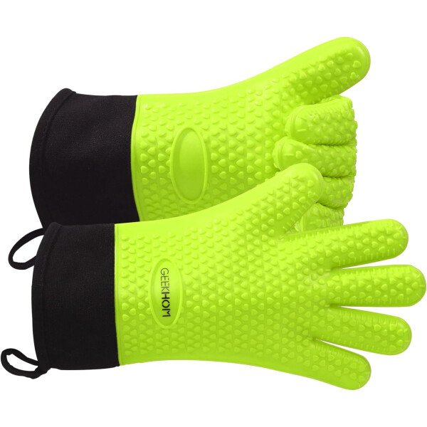 Guantes de asado de GEEKHOM, resistentes al calor, guantes de silicona para horno, largos impermeables, antideslizantes, para barbacoa, cocinar, hornear, color negro, Negro - Imagen 35
