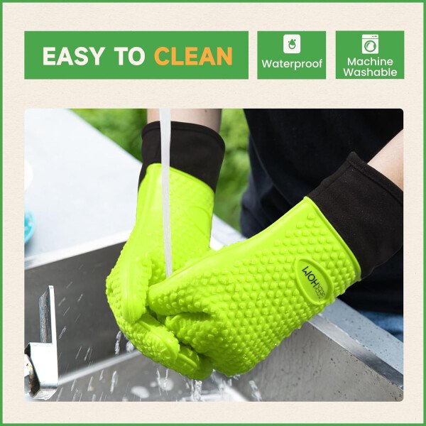 Guantes de asado de GEEKHOM, resistentes al calor, guantes de silicona para horno, largos impermeables, antideslizantes, para barbacoa, cocinar, hornear, color negro, Negro - Imagen 37