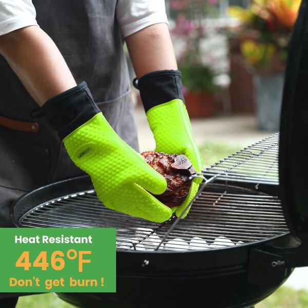 Guantes de asado de GEEKHOM, resistentes al calor, guantes de silicona para horno, largos impermeables, antideslizantes, para barbacoa, cocinar, hornear, color negro, Negro - Imagen 38