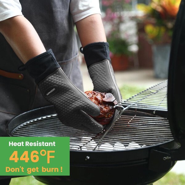 Guantes de asado de GEEKHOM, resistentes al calor, guantes de silicona para horno, largos impermeables, antideslizantes, para barbacoa, cocinar, hornear, color negro, Negro - Imagen 45