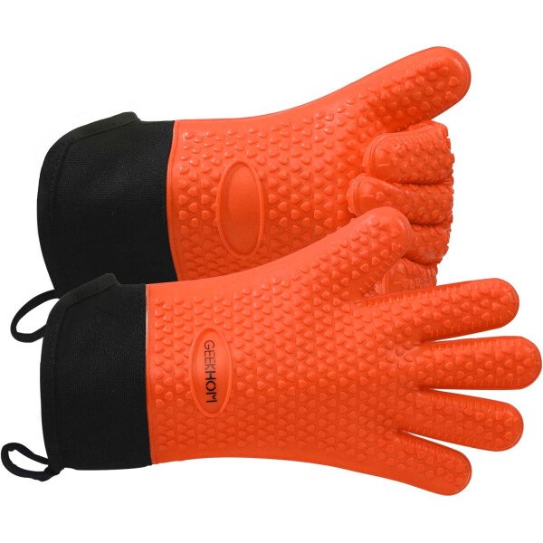 Guantes de asado de GEEKHOM, resistentes al calor, guantes de silicona para horno, largos impermeables, antideslizantes, para barbacoa, cocinar, hornear, color negro, Negro - Imagen 50