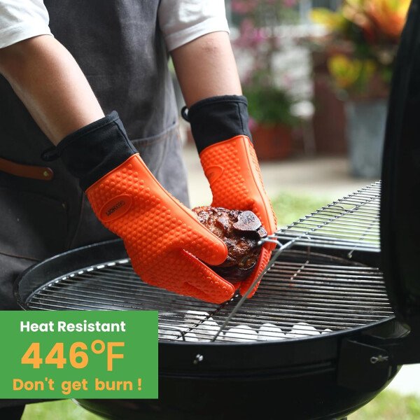 Guantes de asado de GEEKHOM, resistentes al calor, guantes de silicona para horno, largos impermeables, antideslizantes, para barbacoa, cocinar, hornear, color negro, Negro - Imagen 53