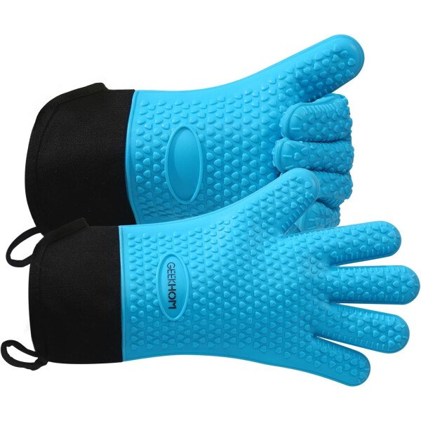 Guantes de asado de GEEKHOM, resistentes al calor, guantes de silicona para horno, largos impermeables, antideslizantes, para barbacoa, cocinar, hornear, color negro, Negro - Imagen 73