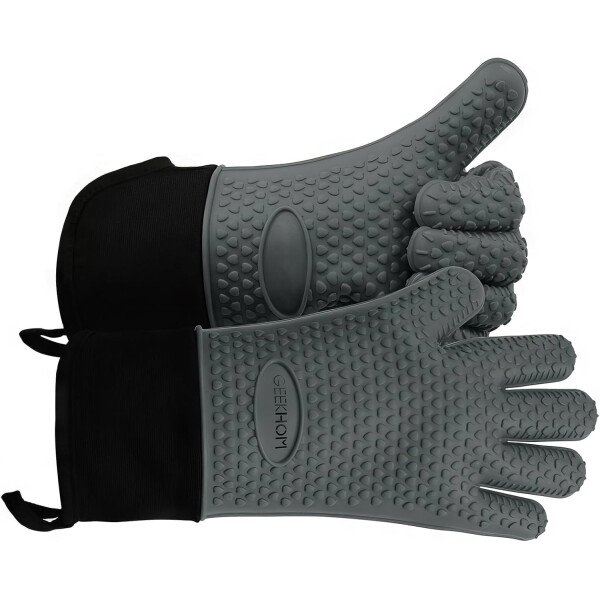 Guantes de asado de GEEKHOM, resistentes al calor, guantes de silicona para horno, largos impermeables, antideslizantes, para barbacoa, cocinar, hornear, color negro, Negro - Imagen 75