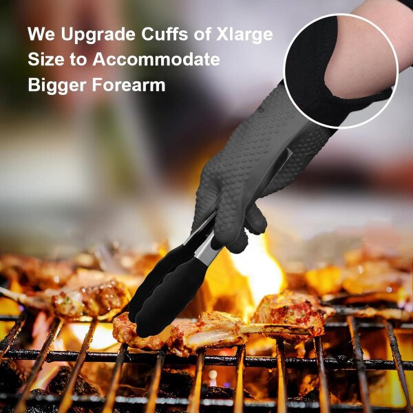 Guantes de asado de GEEKHOM, resistentes al calor, guantes de silicona para horno, largos impermeables, antideslizantes, para barbacoa, cocinar, hornear, color negro, Negro - Imagen 77