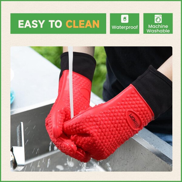 Guantes de asado de GEEKHOM, resistentes al calor, guantes de silicona para horno, largos impermeables, antideslizantes, para barbacoa, cocinar, hornear, color negro, Negro - Imagen 82
