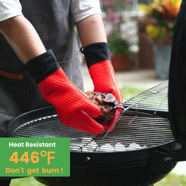 Guantes de asado de GEEKHOM, resistentes al calor, guantes de silicona para horno, largos impermeables, antideslizantes, para barbacoa, cocinar, hornear, color negro, Negro - Imagen 83