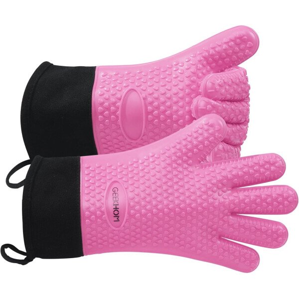 Guantes de asado de GEEKHOM, resistentes al calor, guantes de silicona para horno, largos impermeables, antideslizantes, para barbacoa, cocinar, hornear, color negro, Negro - Imagen 88