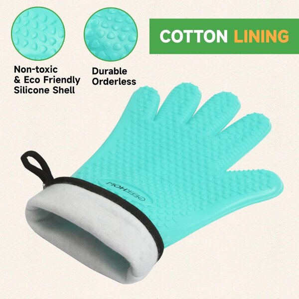 Guantes de asado de GEEKHOM, resistentes al calor, guantes de silicona para horno, largos impermeables, antideslizantes, para barbacoa, cocinar, hornear, color negro, Negro - Imagen 101