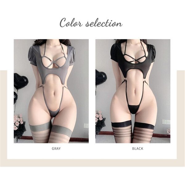 Conjunto de camisón sexy con cuello en V para mujer, lencería de anime, conjunto de body con lazo en la parte superior - Imagen 5