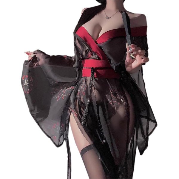 Lencería sexy tipo kimono para mujer, disfraz de cosplay, bata de perspectiva, lindo frente abierto, cuello en V profundo, patrón floral, vestido corto, japonés, Yukata, anime, abertura