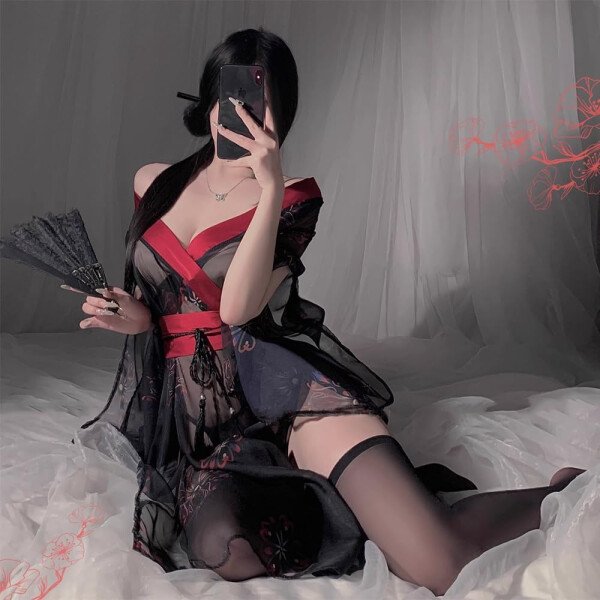 Lencería sexy tipo kimono para mujer, disfraz de cosplay, bata de perspectiva, lindo frente abierto, cuello en V profundo, patrón floral, vestido corto, japonés, Yukata, anime, abertura - Imagen 2
